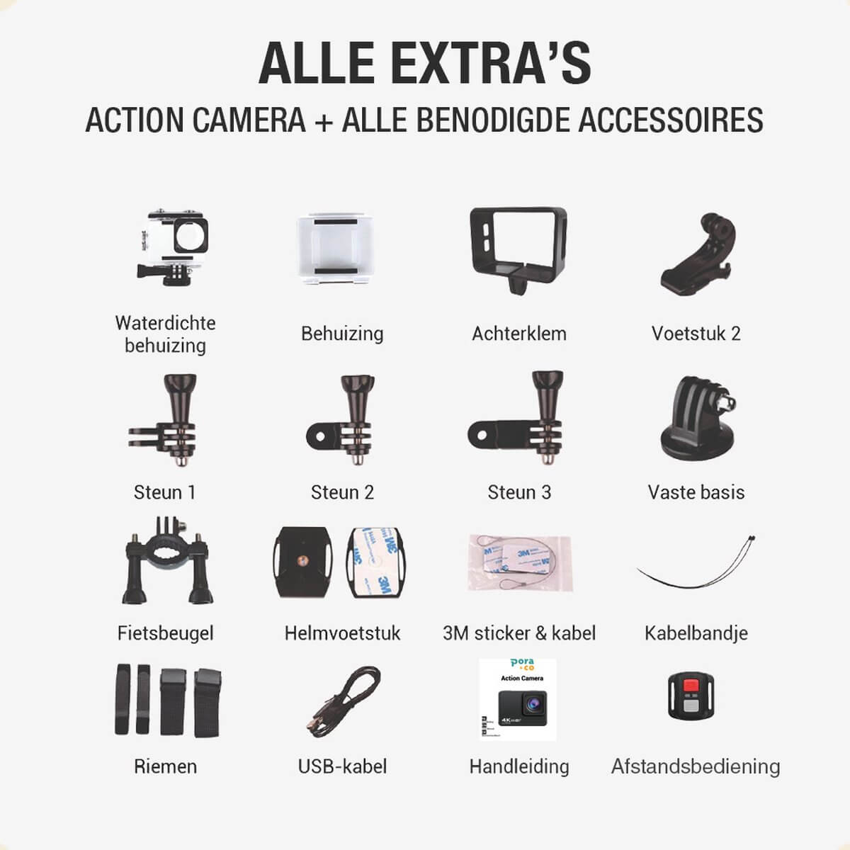 Pora&Co Action camera 4K, 16MP, 60FPS, 30m waterproof
